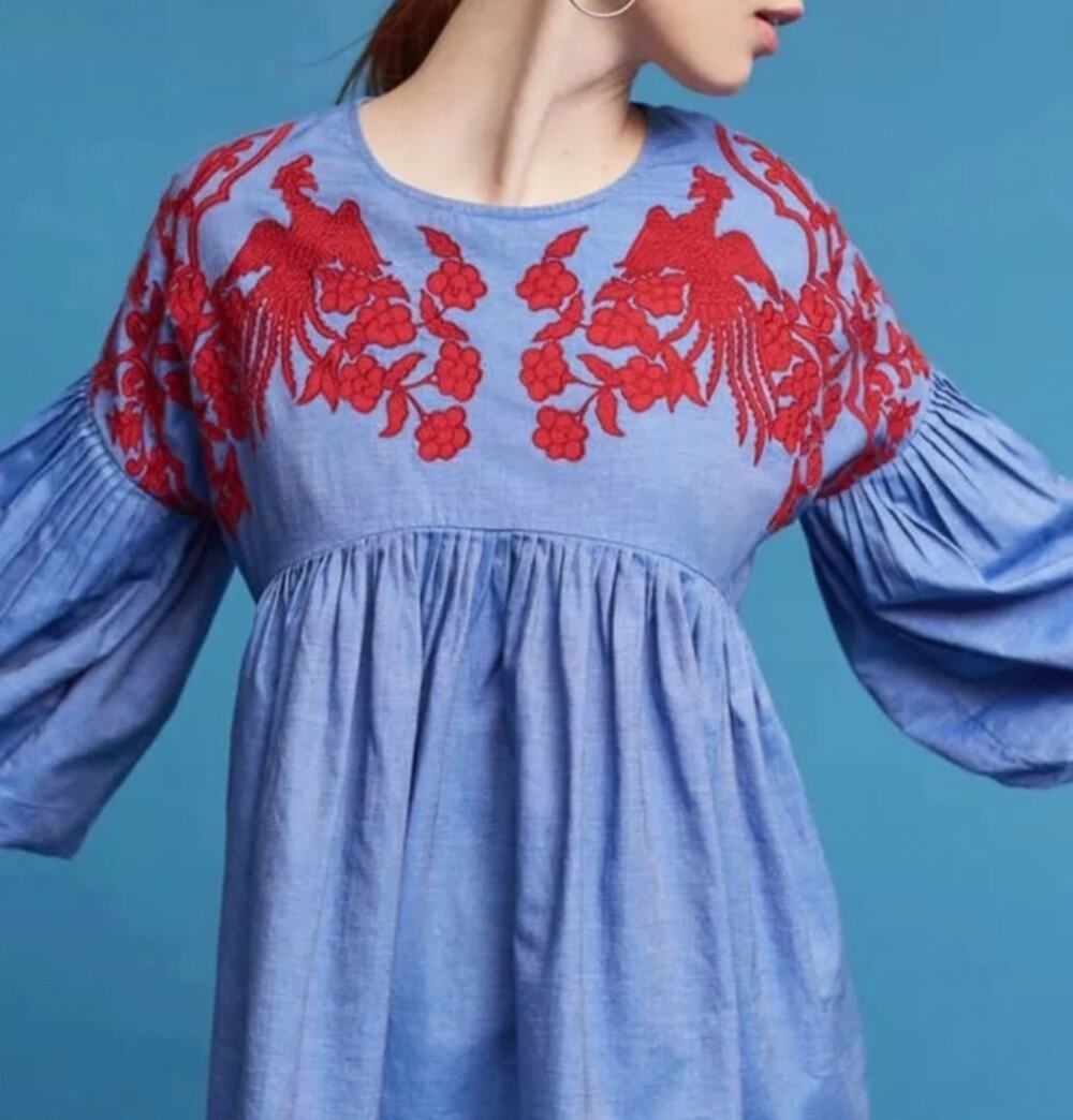 Hemant and Nandita Denim embroidered Trapeze Top. Medium